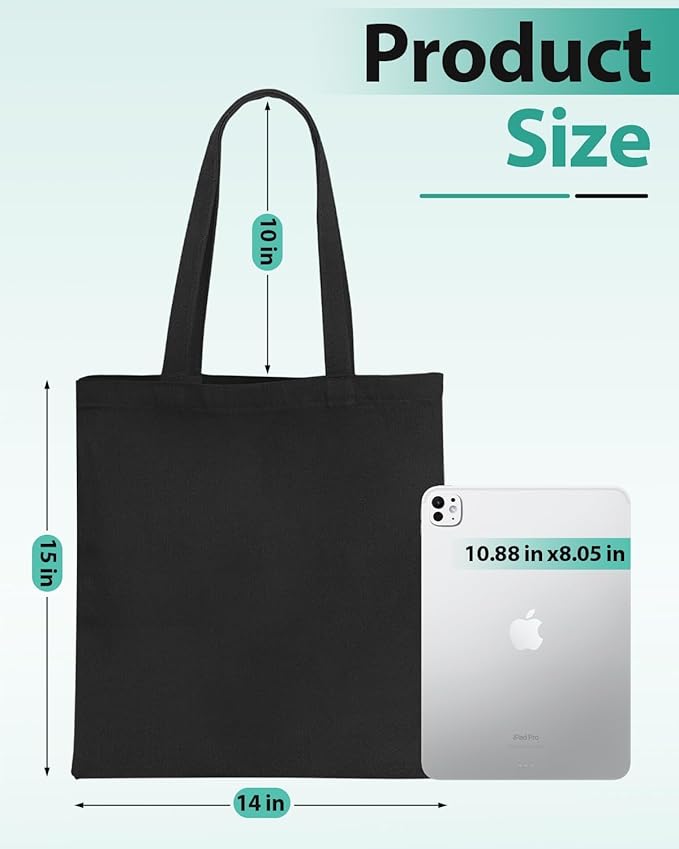 Lzerking 24 Pack Black Canvas Tote Bags for HTV, Painting, Screen Printing, 10oz Thick Blank Canvas for Customized Gifts, Machine Washable Without Shrinking