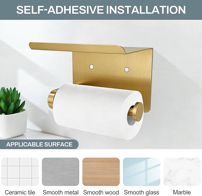 SetSail Toilet Paper Holder with Shelf Adhesive or Screw-in Bathroom Toilet Paper Roll Holders Wall Mount Gold Tissue Holder for Bathroom Hardware Accessories