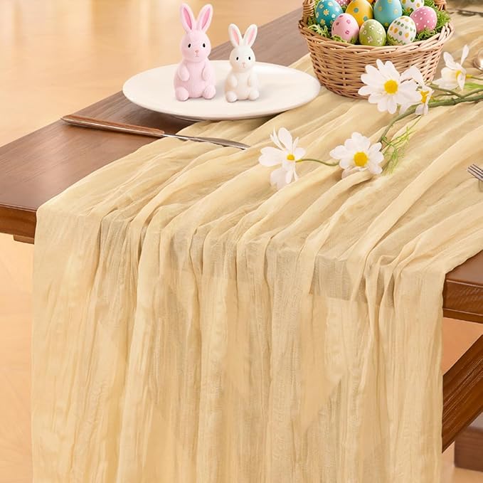Socomi Gold Champagne Cheesecloth Table Runner Summer Boho Rustic Gauze 120 inch 10FT Cheese Cloth Sheer Runner for Wedding Party Baby Shower Birthday Home Decor Holiday Decorations
