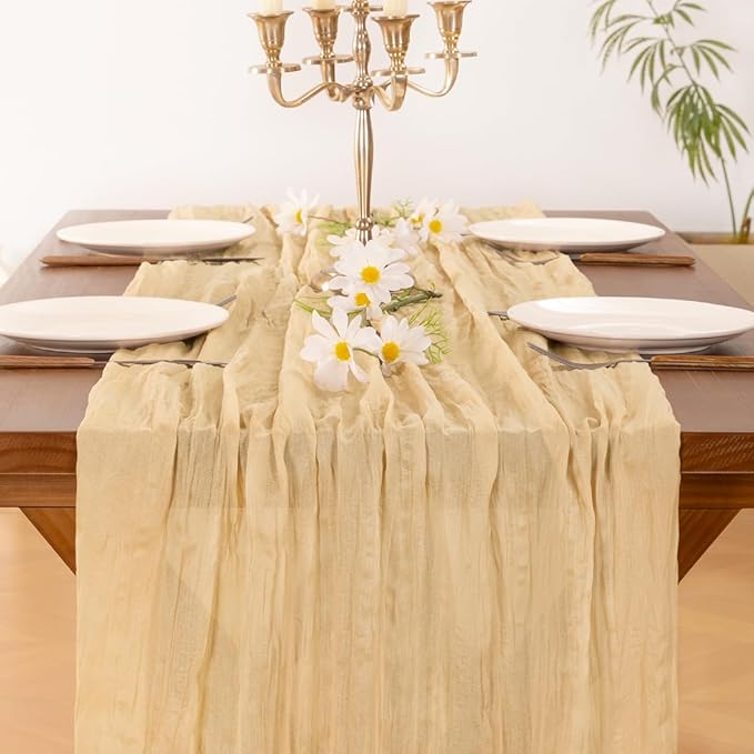 Socomi 2pcs Gold Champagne Cheesecloth Table Runner Summer Boho Rustic Gauze 120 inch 10FT Cheese Cloth Sheer Runner for Wedding Party Baby Shower Birthday Home Decor Holiday Decorations