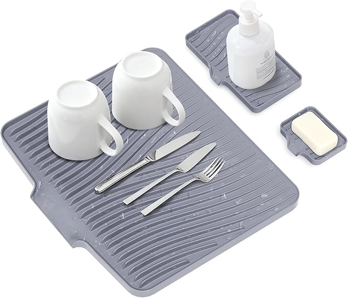 Silicone Dish Drying Mat for Kitchen Counter, Dish Drying Pad, Non-Slip Drain Pad with Built-in Drain, Heat Resistant Stone Drying Mat,Grey, 1Set