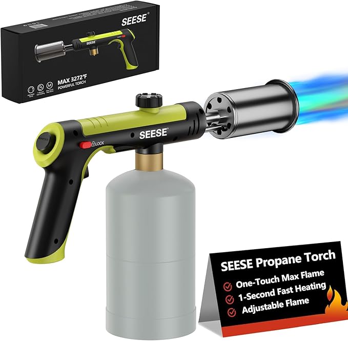 Powerful Propane Torch Gun,Kitchen Cooking Torch With One-Touch Max Fire, Charcoal Lighter with a Safety Lock, Adjustable Blow Torch for Sous Vide, BBQ, Campfire, Fireplace(Tank Not Included)