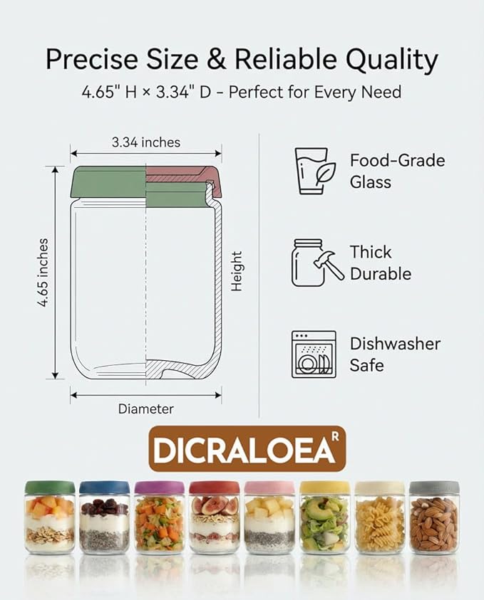 16oz 8Pack Glass Overnight Oats Jars Containers with Airtight Leakproof Lids, Reusable Mason Jars for Meal Prep, Yogurt Parfaits, Smoothies, Salads & Healthy Breakfast(16oz-8Pack)
