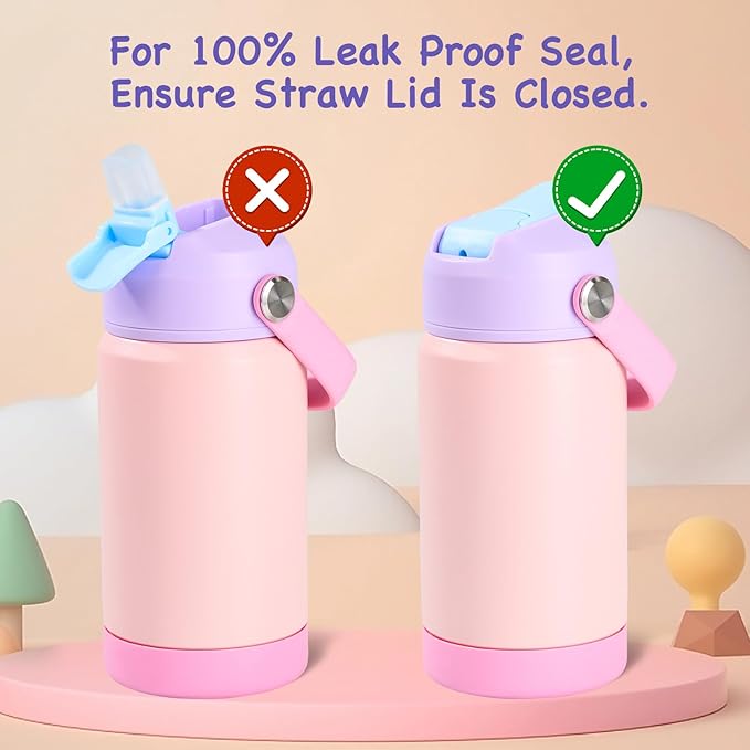 Kerilyn 12oz Kids Water Bottle 2 Pack, Stainless Steel Insulated Water Bottle Bulk, Toddler Cups with Straws Leak-Proof, Kids Water Bottles for School Boys Girls, BPA Free, 2 Piece Set Berry Couple