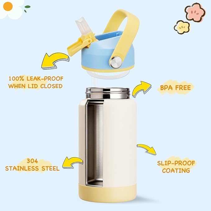 Kerilyn 12oz Water Bottle, Stainless Steel Insulated Water Bottle with Straws Leak-Proof, Water Cup Double Wall Vacuum, BPA Free, Beach Day
