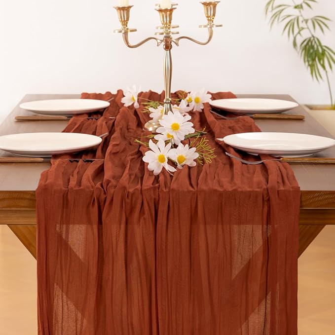 Socomi 10pcs Terracotta Summer Cheesecloth Table Runner Boho Rustic Gauze 120 inch 10FT Cheese Cloth Sheer Runner for Wedding Party Baby Shower Birthday Home Decor Holiday Decorations
