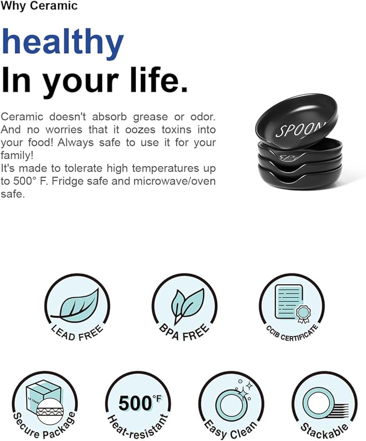 LE TAUCI Spoon Rest for Stove Top, Set of 4 Ceramic Spoon Holder for Kitchen Counter, 5-Inch Modern Coffee Spoon Rest for Spatula, Tea Bag, Ladle, Dishwasher Safe, Matte Black