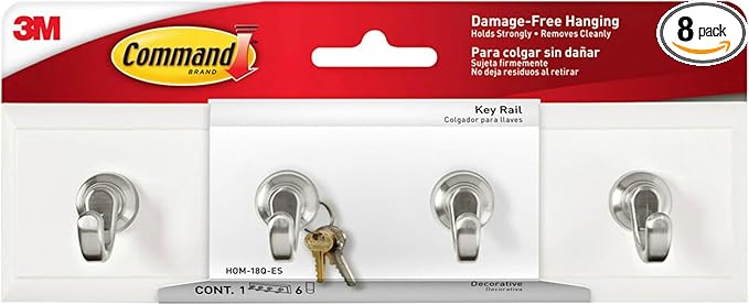 Command Key Rail, 8-inch Rail with 4 Key Hooks and 6 Strips, Quartz, Removable Key_Hooks for Entryway or Hallway, Hang Keys, Hats, Dog Leashes, and Accessories, Holds up to 2 lb (Pack of 8)
