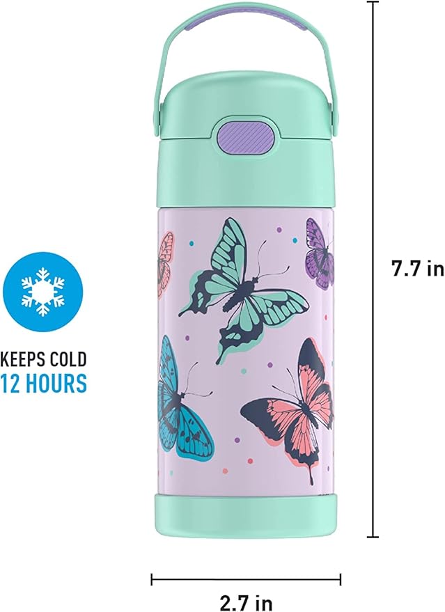 THERMOS FUNTAINER Water Bottle with Straw - 12 Ounce - Kids Stainless Steel Vacuum Insulated Water Bottle with Lid, Butterfly Frenzy