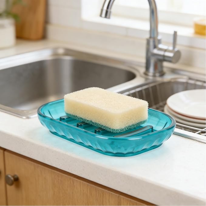 AMUONTY 2 Pack Soap Dish Holder for Bar Soap, Bathroom Soap Dishes Bar Soap Holder Tray, Soap Dishes for Shower Bathroom, Kitchen Sink Soap Dish, Blue