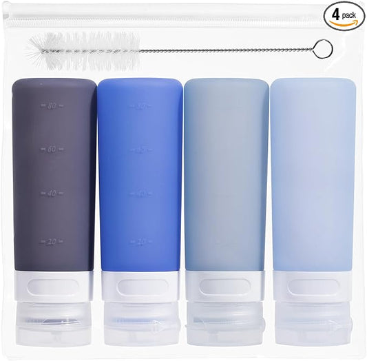 MICEBAY Condiment Squeeze Bottles for Sauces, 3-oz Mini Silicone Salad Dressing Container to Go with Snack Storage Bag, Leakproof Sauce Bottles for Lunch Box, 4 Pack, Blue
