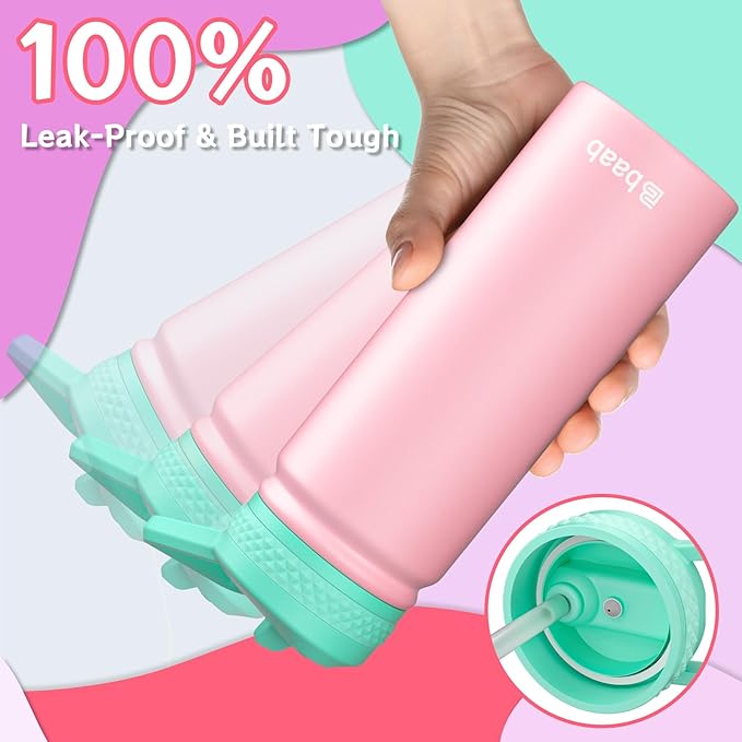 baab 18oz Kids Water Bottle, Insulated Water Bottle with Straw & Stickers, 18/8 Stainless Steel Vacuum Leakproof Kids Water Straw Cup for School, Perfect for Boy Girl (Pink+Purple, 2 Pack)
