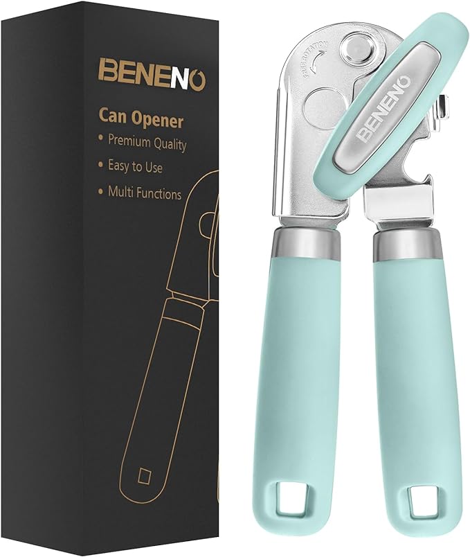 Beneno Heavy Duty Hand Can Opener Manual with Magnet, Durable Sharp Carbon Steel Blade Smooth Cutting, Big Effort-Saving Knob & Soft Grip Handle, Multifunctional Kitchen Tool with Bottle Opener, Mint