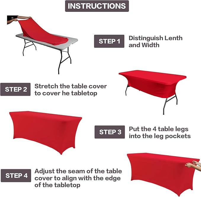 IVAPUPU 2 Pack 6FT Table Cloth for Rectangular Fitted Events Stretch Red Table Covers Washable Spandex Spring Tablecloth Protector for Party, Wedding, Cocktail, Banquet, Festival
