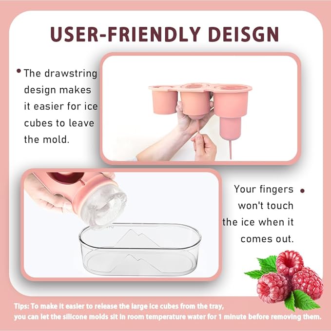 Ice Mold for Stanley Cup 30/40 Oz - Easy Fill and Release Without Touching Ice, Silicone Ice Cube Tray with Clear Lid and Bin for Freezer, Whiskey, Cocktail (Pink)