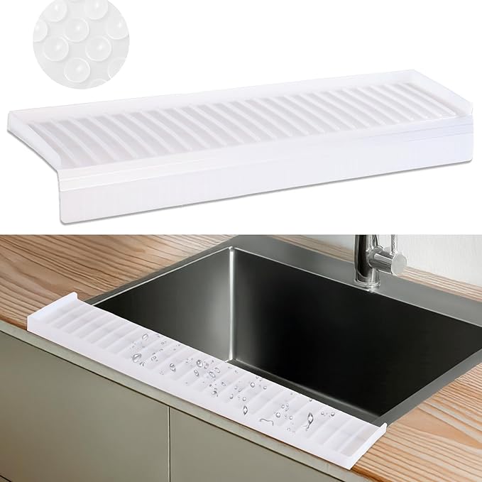Sink Edge Protector with Suction Cup 14“ 20” 30", Silicone Sink Splash Guard for Kitchen & Bathroom, Protect Countertop from Scratches, Stains, for Stainless Steel Granite Quartz-Clear