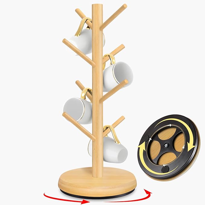 Mug Holder Tree,New Upgraded 360° Rotated 8 Hooks Coffee Cup Holder for Counter,Wood Coffee Mug Rack Standing for Coffe e Bar Accessories and Kitchen Home Organizer(Natural)