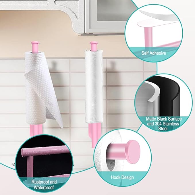 MGahyi Paper Towel Holder Wall Mount, Self Adhesive Or Drilling Paper Towel Holder Under Cabinet, 13.2 inch Stainless Steel Kitchen Paper Towel Roll Rack, Bathroom Towel Roll Hanger(Rectangle-Pink)