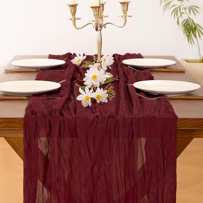 Socomi 6pcs Burgundy Red Summer Cheesecloth Table Runner Boho Rustic Gauze 120 inch 10FT Cheese Cloth Sheer Runner for Wedding Party Baby Shower Birthday Home Decor Holiday Decorations