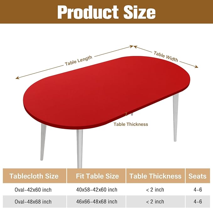 NEWISHER Fitted Oval Tablecloth 48 x 68 Inch Elastic Table Cloth, Stretch Spandex Table Cover Red Washable Polyester Top Cap Cover for Dining Picnic Camping Indoor and Outdoor