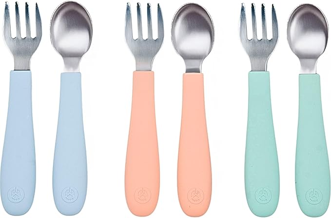 WeeSprout Toddler Utensils, 3 Forks & 3 Spoons, 18/8 Stainless Steel & Food Grade Silicone, Thick Easy-Grip Handles, Perfect Length For New Self Feeders, Gentle On Gums & Teeth, Dishwasher Safe