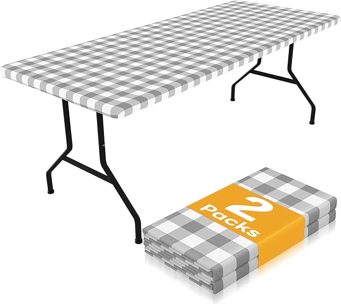 Smiry Picnic Table Cloth 2 Pack, Waterproof Elastic Fitted Tablecloths for 5FT Rectangle Tables, Washable Polyester Buffalo Plaid Tablecloth for Camping, Dining & Outdoor (Grey & White, 30" x 60")
