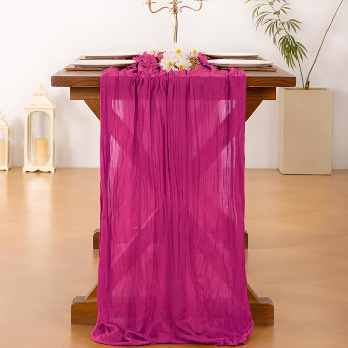 Socomi 10pcs Hot Pink Cheesecloth Table Runner Summer Boho Rustic Gauze 120 inch 10FT Cheese Cloth Sheer Runner for Wedding Party Baby Shower Birthday Home Decor Holiday Decorations