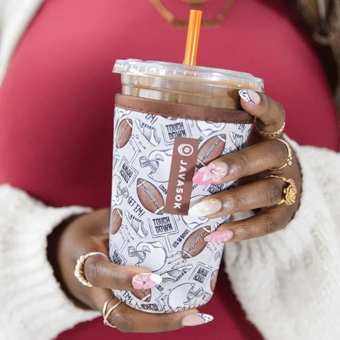 Sok It JavaSok Iced Coffee & Cold Soda Insulated Neoprene Cup Sleeve (Football, Medium: 22-28oz)