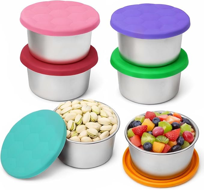 6Pack 8oz Stainless Steel Snack Containers for Kids, Reusable Small Metal Food Containers with Silicone Lids, Stackable Metal Toddler Lunch Box for Daycare, School and Outdoor (1CUP)