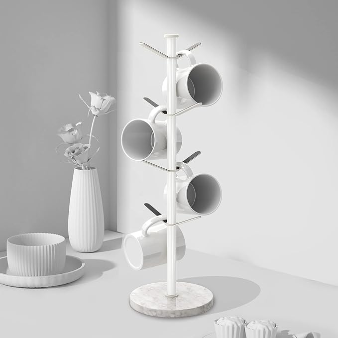 Gypie Mug Holder Tree with Marble Base, 8 Hooks White Coffee Cups Holder Stand, New Upgrad Stable Removable Mug Rack for Kitchen Cafe