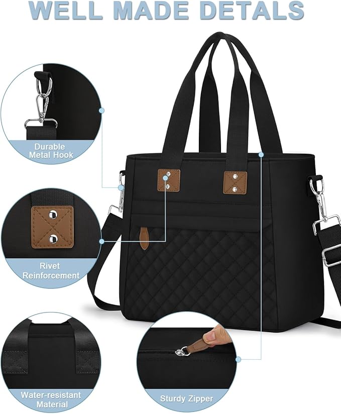 Insulated Lunch Box for Women & Men - Large Thermal Lunch Bag Women with Removable Shoulder Strap, Reusable Lunch Cooler Tote Bags Purse for Adults Work, Picnic, Hiking, Beach, Travel, Large，Black