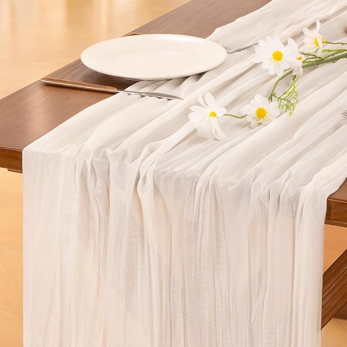 Socomi 2pcs Ivory White Cheesecloth Table Runner Summer Boho Rustic Gauze 120 inch 10FT Cheese Cloth Sheer Runner for Wedding Party Baby Shower Birthday Home Decor Holiday Decorations