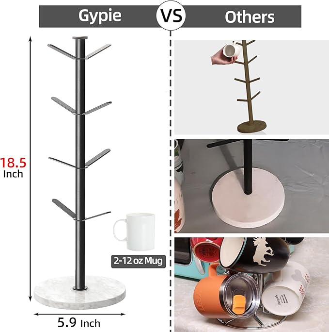 Gypie Marble Mug Holder Tree, 8 Hooks Coffee Cups Stand, New Upgraded Stable Mug Stand for Kitchen Counter Cabinet Cafe Black