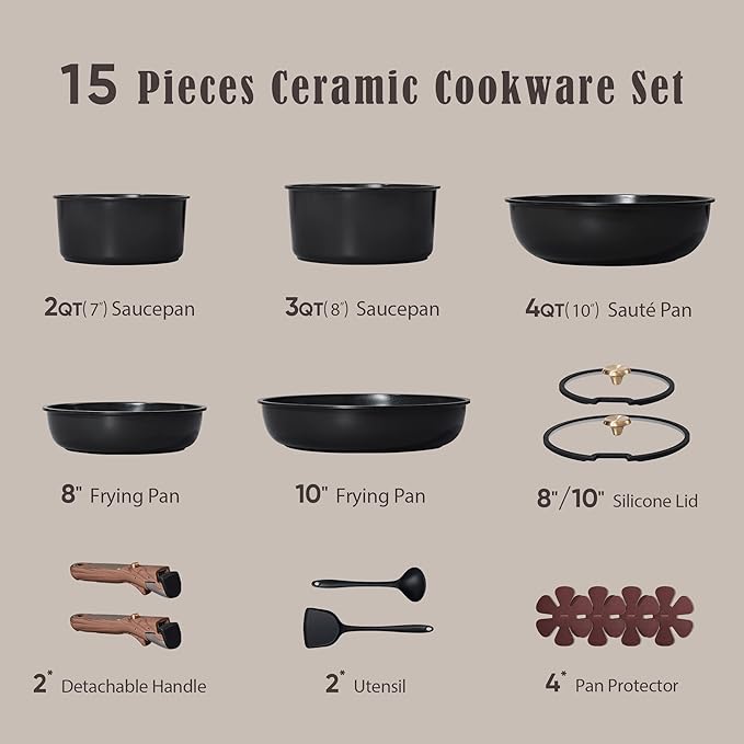 CAROTE 15Pcs Ceramic Cookware Set, Pots and Pans Set Non stick, Kitchen Cooking Set with Detachable Handle, Non Toxic Induction Cookware, Dishwasher/Oven Safe, PFAS Free, Black&Gold