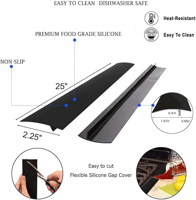 Silicone Gap Cover, (2 Pack) Silicone Gap Stopper Kitchen Stove Counter Gap Covers - Flexible Stove Space Fillers, Food Grade (25inches, Black)