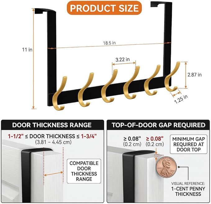11" Over The Door Hooks for Hanging, Heavy Duty Door Towel Rack with Custom Gold Hooks, Anti-Scratch 4 Pads, 12 Dual-Layer Hooks for Bathroom Bedroom Kitchen (Black Gold)