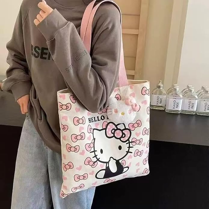 Cute Cartoon Kitty Tote Bag – Pink and White Kawaii Style Reusable Shoulder Bag – Adorable Lightweight Canvas Tote for Women
