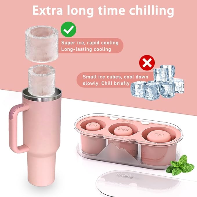 Ice Mold for Stanley Cup 30/40 Oz - Easy Fill and Release Without Touching Ice, Silicone Ice Cube Tray with Clear Lid and Bin for Freezer, Whiskey, Cocktail (Pink)