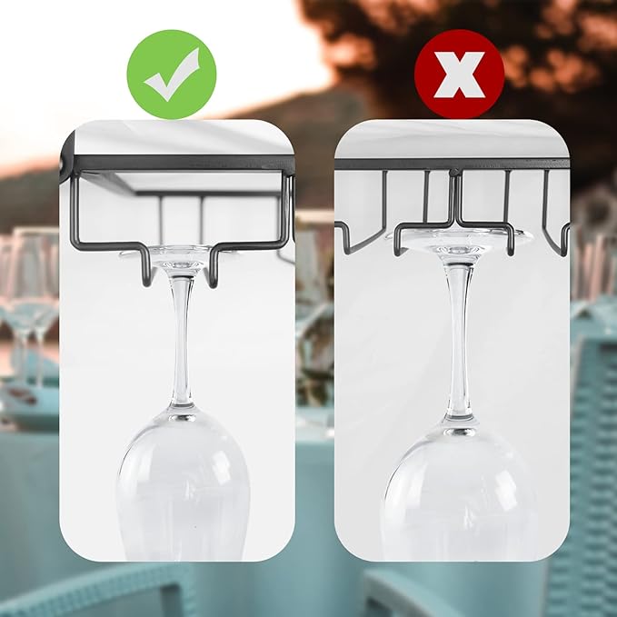 Adjustable Under Cabinet Stemware Holder - Metal Wine Glass Hanger Organizer for Kitchen, Bar, Shelf - Rustproof Hanging Storage Rack for 6-8 Glasses - Space Saving Decor (Black, 4 Rows)