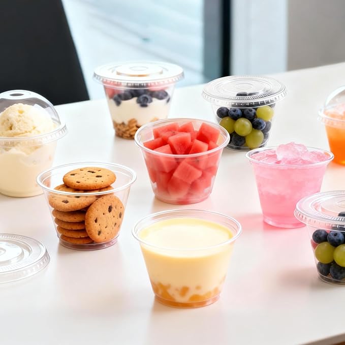 Lamosi 200 Pack 9 oz Clear Plastic Cups with Lids, Clear Disposable Cups with Dome Lids No Hole for Dessert, Parfait, Yogurt, Ice Cream or Cake