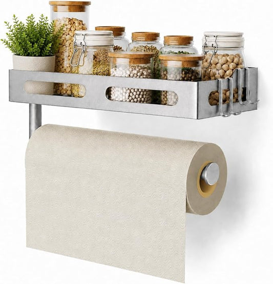 Paper Towel Holder Wall Mount with Shelf, Easy One Hand Tear, Adhesive Glue or Drill Mount Hanging Paper Towel Holder with Shelf for Kitchen/Bathroom/RV, Silver Metal, 4 Hooks