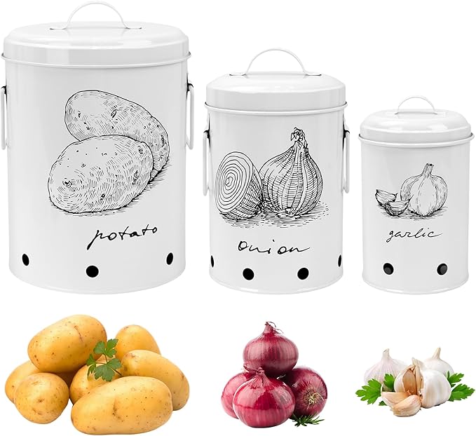 Kitchen Potato and Onion Storage Bin,Metal Vegetable Storage Bins Set of 3 with Aerating Holes and Lids,Farmhouse Canisters Sets for the Kitchen Countertop (1, Circular)