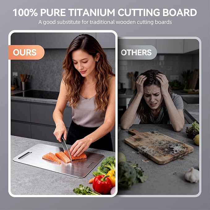 Titanium Cutting Board, 100% Pure Titanium Cutting Boards for Kitchen, Double-Sided Non-Toxic Cutting Board, Ideal for Slicing and Dicing Meats, Features Handle, Dishwasher Safe,13"L*8"W（silver）