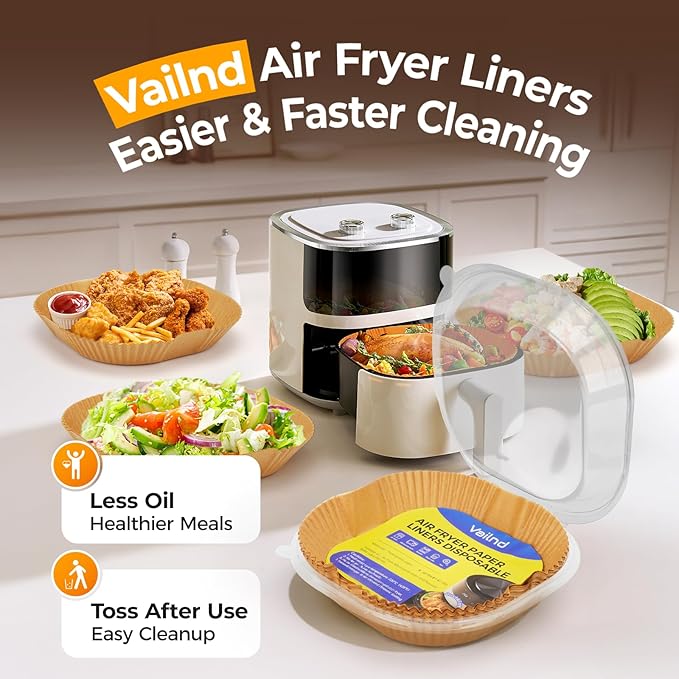 Vailnd Air Fryer Liners Disposable, 305 PCS Unbleached Air Fryer Paper Liners, 8" Square Airfryer Liners for 5-8 QT Airfryer Basket, Non-stick & Oil-Proof Parchment Paper for Oven, Pan