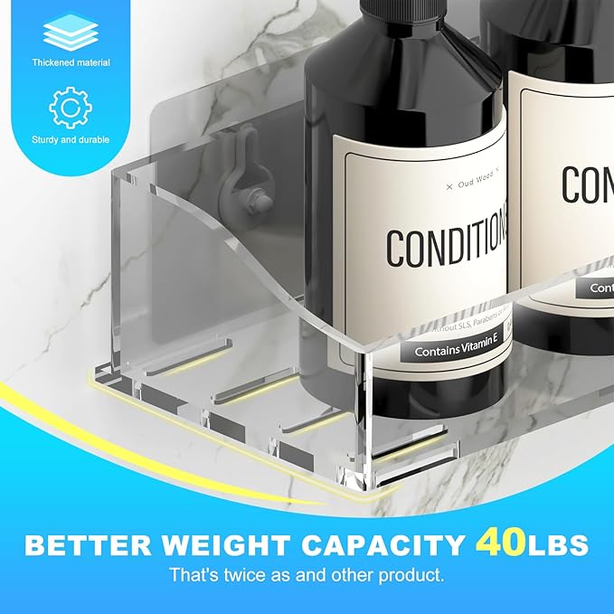 Acrylic Shower Shelves 3 Pack, Clear Adhesive Shower Caddy Organizer, Rustproof No Drill Wall Mount Bathroom & Kitchen Storage Rack