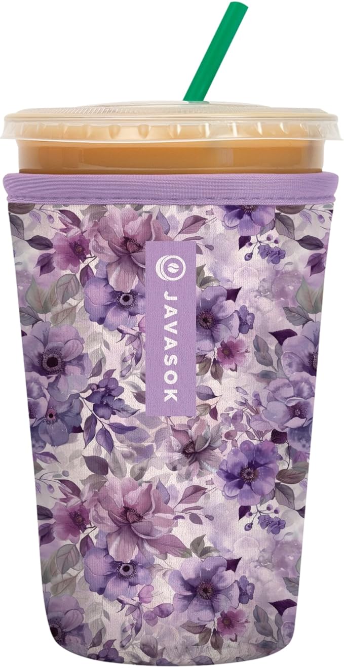 Sok It JavaSok Iced Coffee & Cold Soda Insulated Neoprene Cup Sleeve (Lilac Meadows, Medium: 22-28oz)