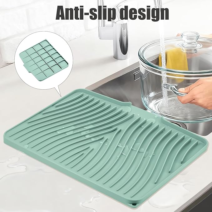 Silicone Dish Drying Mat for Kitchen Counter, Dish Drying Pad, Non-Slip Drain Pad with Built-in Drain, Heat Resistant Stone Drying Mat(16" x 12", Mint)