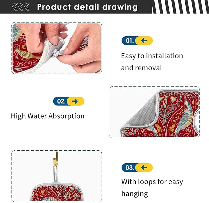 Sink Mat for Faucet Sink Splash Guard Faucet Handle Drip Catcher for Kitchen Bathroom Absorbent Microfiber Dish Drying Mat Boho Bird 2pcs