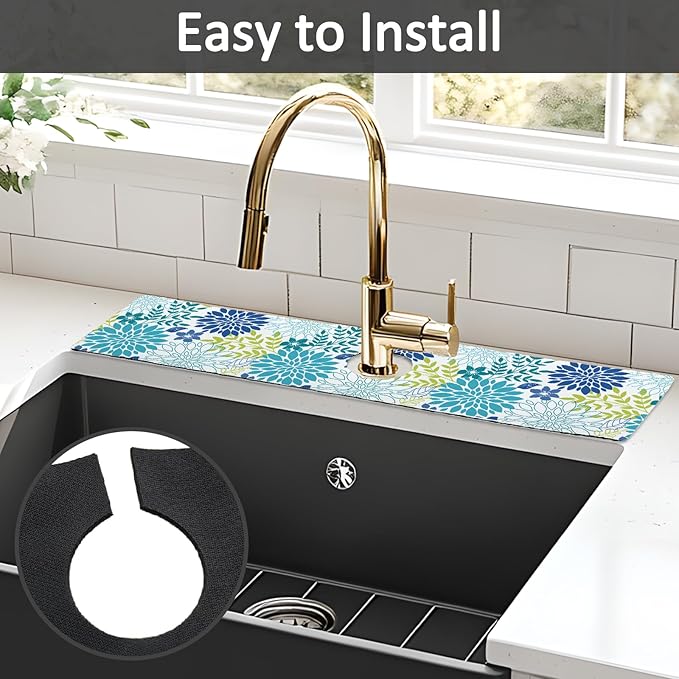 24" X 5.5" Kitchen Sink Splash Guard Faucet Mat Flora Super Absorbent Fast Drying Faucet Guard & Draining Mat Sink Splash Guard Behind Faucet for Kitchen, Bathroom