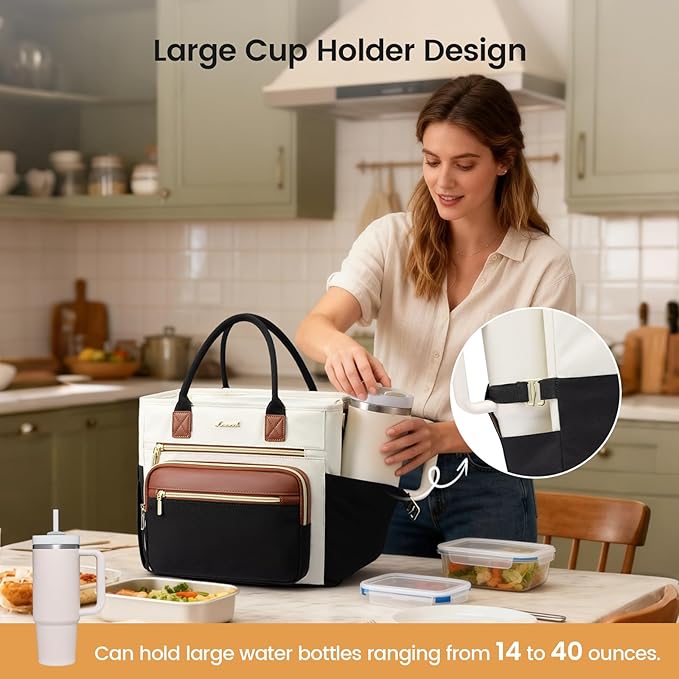 LOVEVOOK Insulated Lunch Bag Women,Wide Opening Adult Lunch Box Women with Cup Holder,Large Leakproof Cooler Bag for Work Picnic Beach Family College Mom,Lunch Teacher Breast Pump Diaper Tote Bag